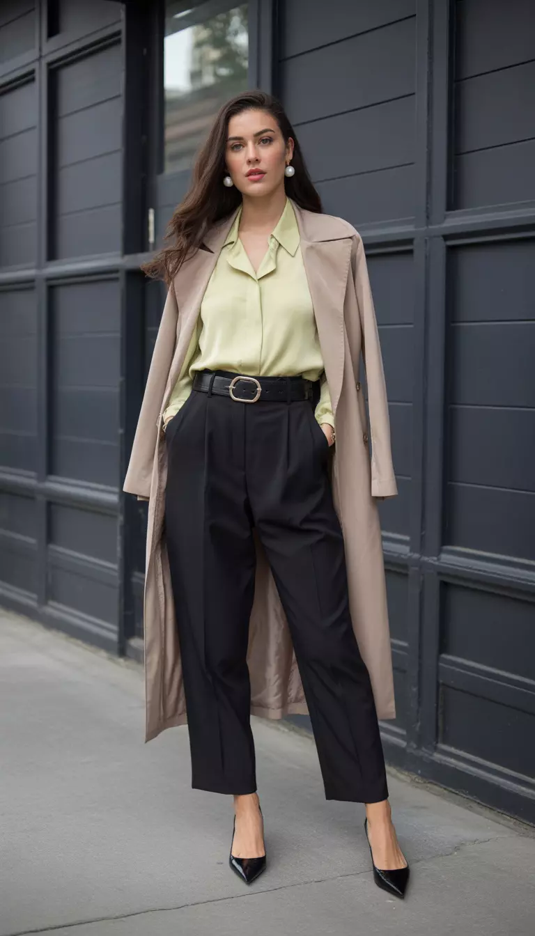 A beautiful woman in black high-waisted tailored trousers, a pastel yellow blouse, a nude trench blazer, pointed black flats, a statement belt, and pearl earrings.