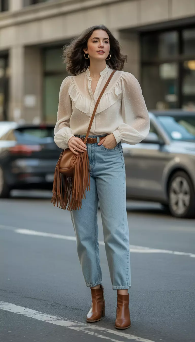 A beautiful woman in a cream ruffled vintage blouse, light blue mom jeans, brown leather ankle boots, a fringe crossbody bag, and hoop earrings.