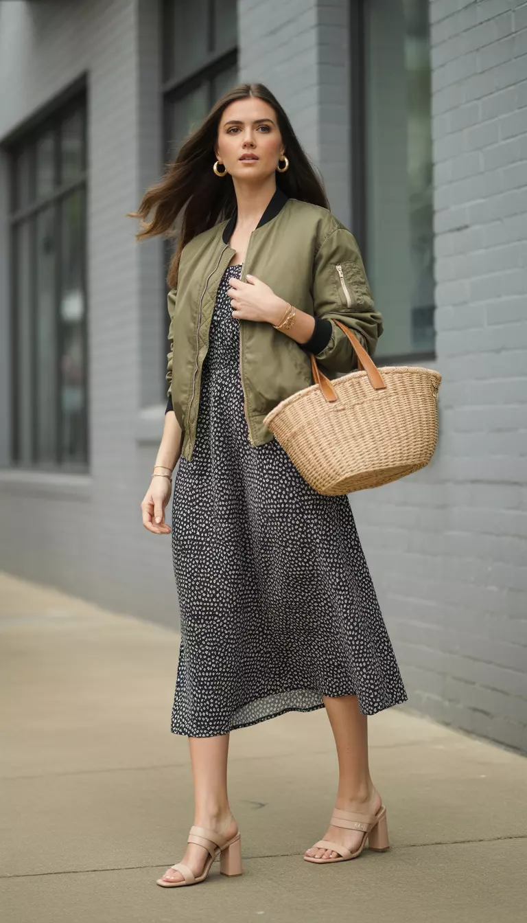 A beautiful woman in a black and white polka dot midi dress, nude block-heel sandals, a woven tan tote, a khaki bomber jacket, and gold hoop earrings.