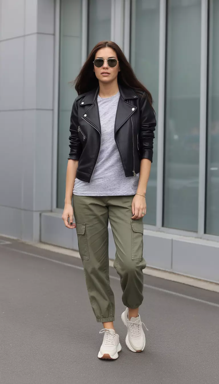 A beautiful woman in a black leather moto jacket, a gray heather t-shirt, olive green cargo pants, chunky white sneakers, and aviator shades.