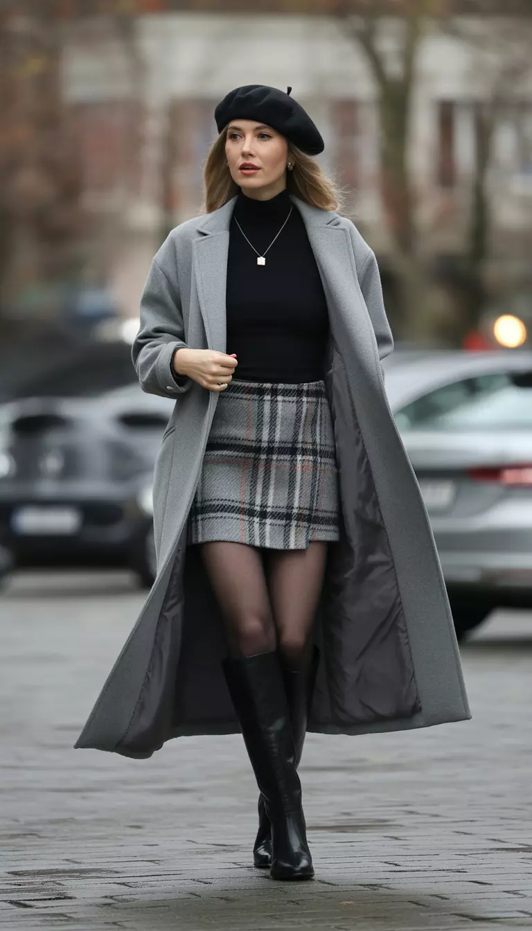 A beautiful woman in a gray funnel-neck coat, a black turtleneck, a plaid wool skirt, knee-high black boots, and a black beret.