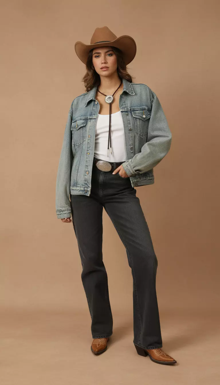 A beautiful woman in a light indigo denim jacket, dark wash straight-leg jeans, a white tank top, cognac leather cowboy boots, and a bolo tie.