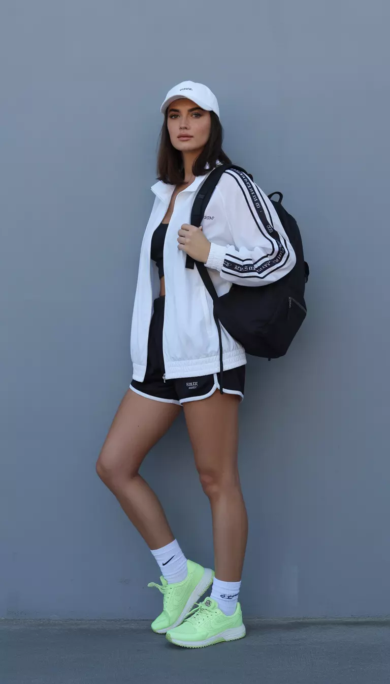 A beautiful woman in a white track jacket, black trim track shorts, neon green sneakers, a sporty backpack, and a baseball cap.