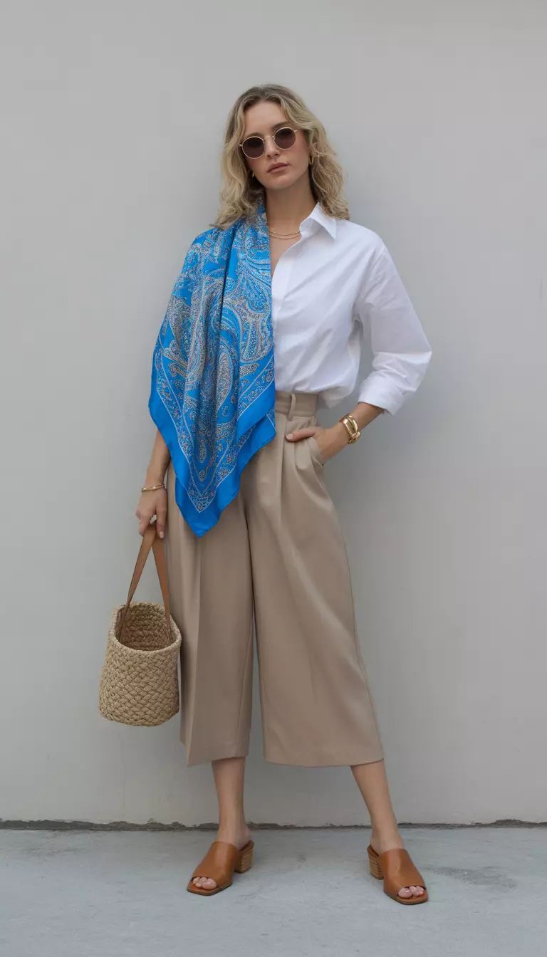 A beautiful woman in a white cotton poplin shirt, an electric blue paisley silk scarf, high-waisted beige culottes, tan mule sandals, and minimalist jewelry.