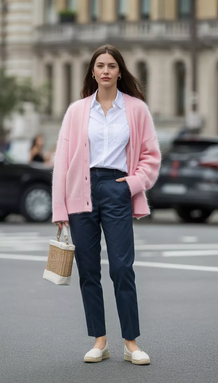A beautiful woman in a pastel pink brushed mohair cardigan, a white linen button-down shirt, navy straight-leg chinos, cream espadrilles, and a structured handbag.