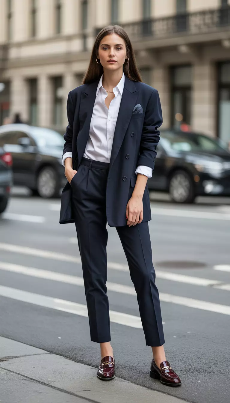 A beautiful woman in an oversized navy blazer, a white collared shirt, black tailored cigarette pants, oxblood leather loafers, and a silk pocket square.