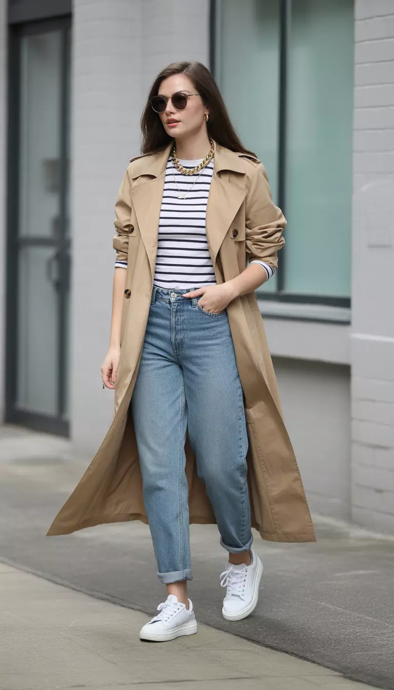 A beautiful woman in a tan trench coat, a striped white-and-navy Breton top, medium-wash boyfriend jeans, white leather sneakers, a gold chain necklace, and sunglasses.