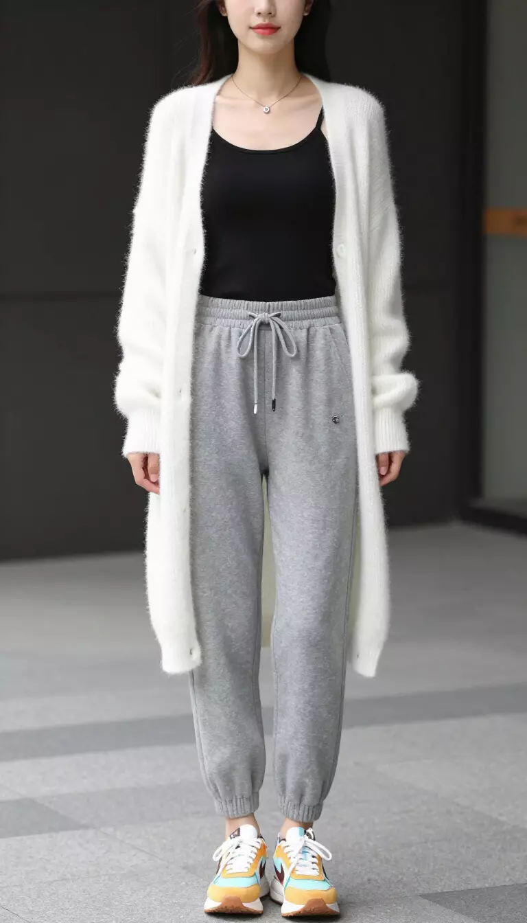 A beautiful woman in a white mohair cardigan, a fitted black tank top, gray joggers with a drawstring waist, and colorful sneakers.