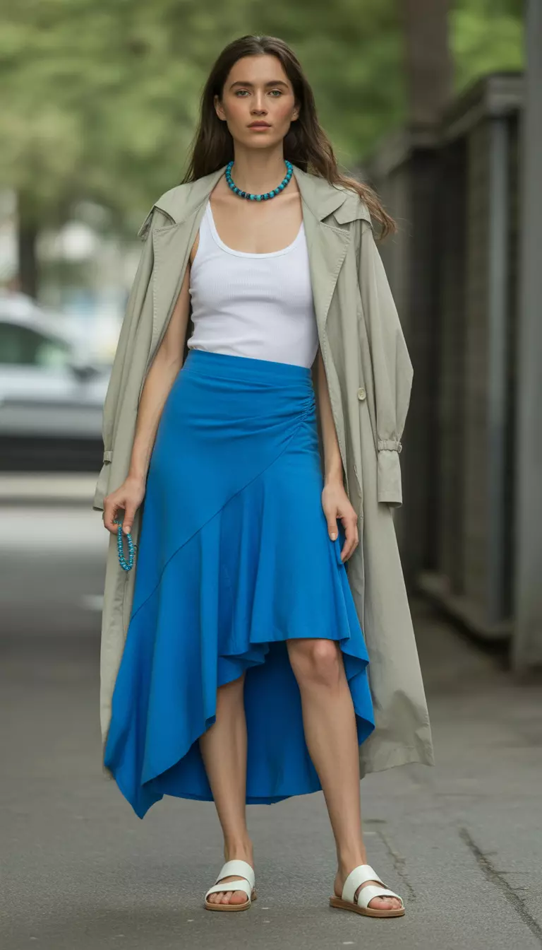 A beautiful woman in an asymmetrical cerulean blue skirt, a white tank top, a lightweight trench jacket, flat sandals, and turquoise beaded jewelry.