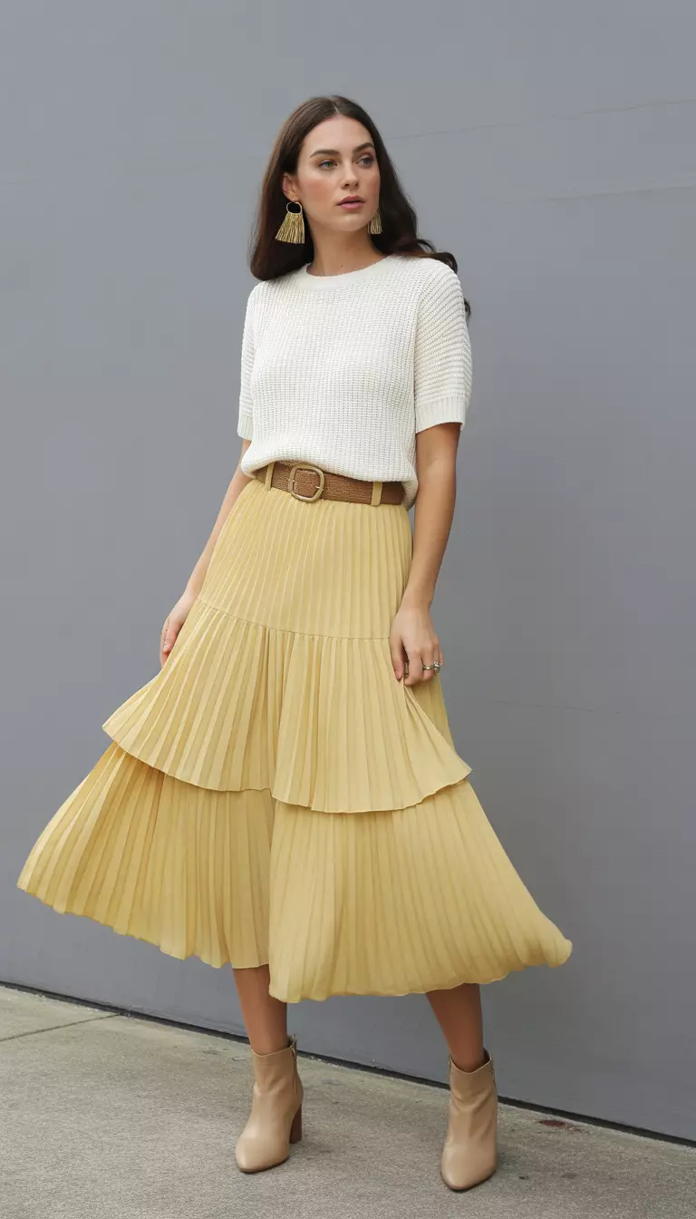 A beautiful woman in a butter yellow tiered pleated midi skirt, a white knit top, a tan belt, ankle boots, and gold fringe earrings.
