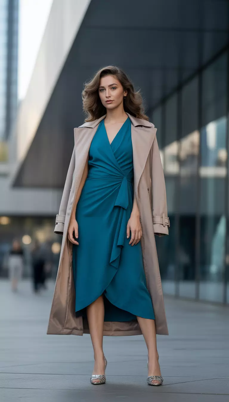 A beautiful woman in an Alexandrite teal wrap midi dress, Angora beige trench coat, and metallic silver heels.