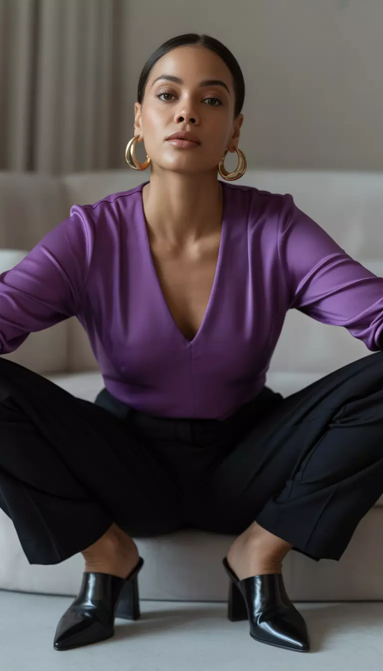 A beautiful woman in an Amaranth purple v-neck top, black trousers, gold hoops, and black mules.