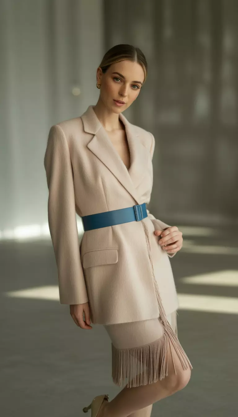 A beautiful woman in an Angora beige fringe trimmed blazer dress, Marina blue belt, and beige heels.