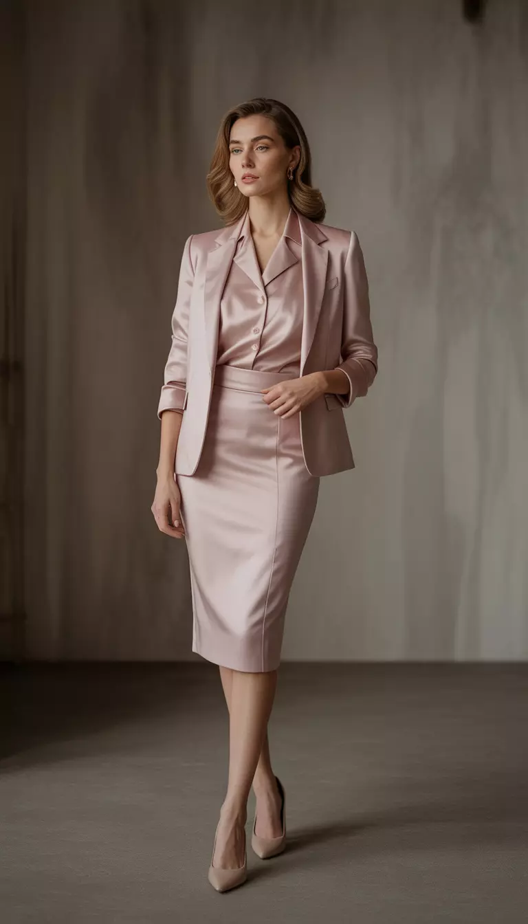A beautiful woman in a Tea Rose pencil skirt, matching blouse, matching jacket, and nude heels.