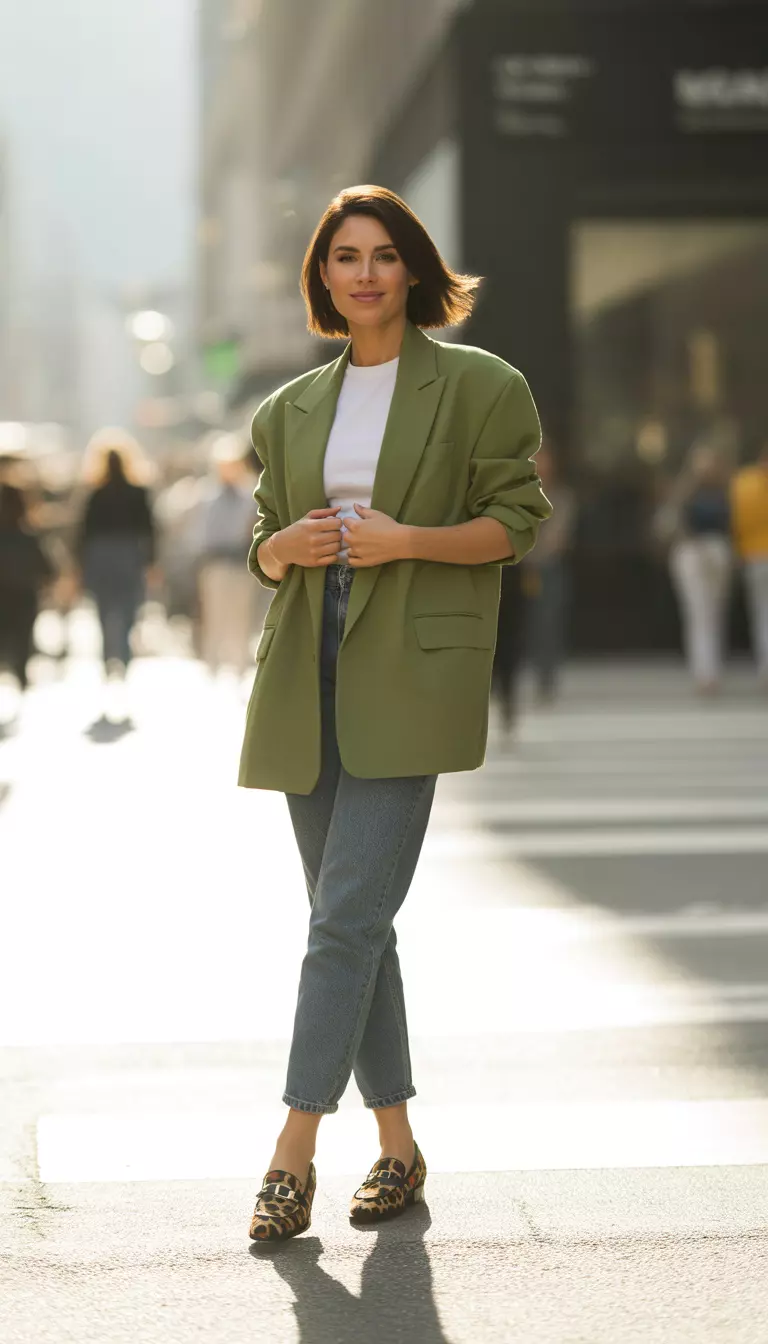 A beautiful woman in a Sycamore green oversized blazer, white tee, slim tailored jeans, and statement leopard print loafers.