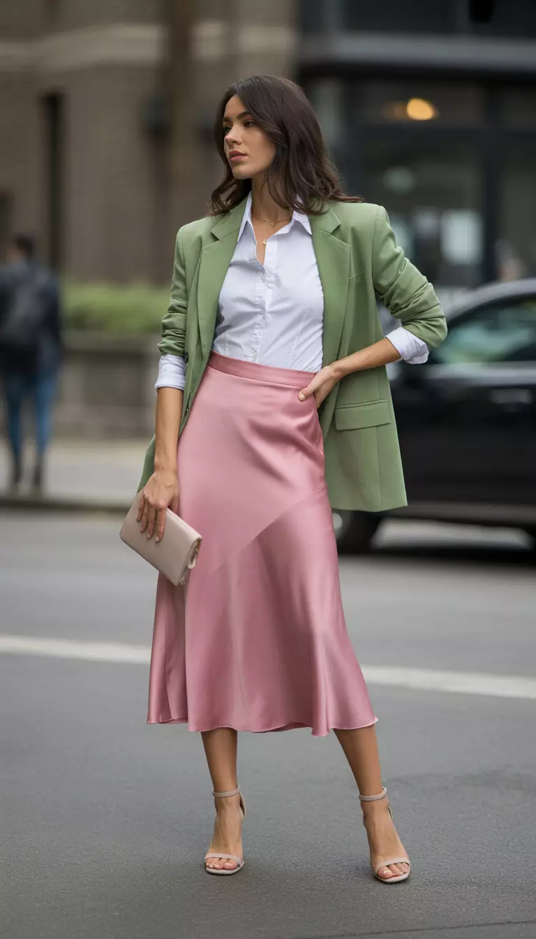 A beautiful woman in a candy pink satin midi skirt, crisp white button down shirt, Sage Green cropped blazer, and nude strappy heels.
