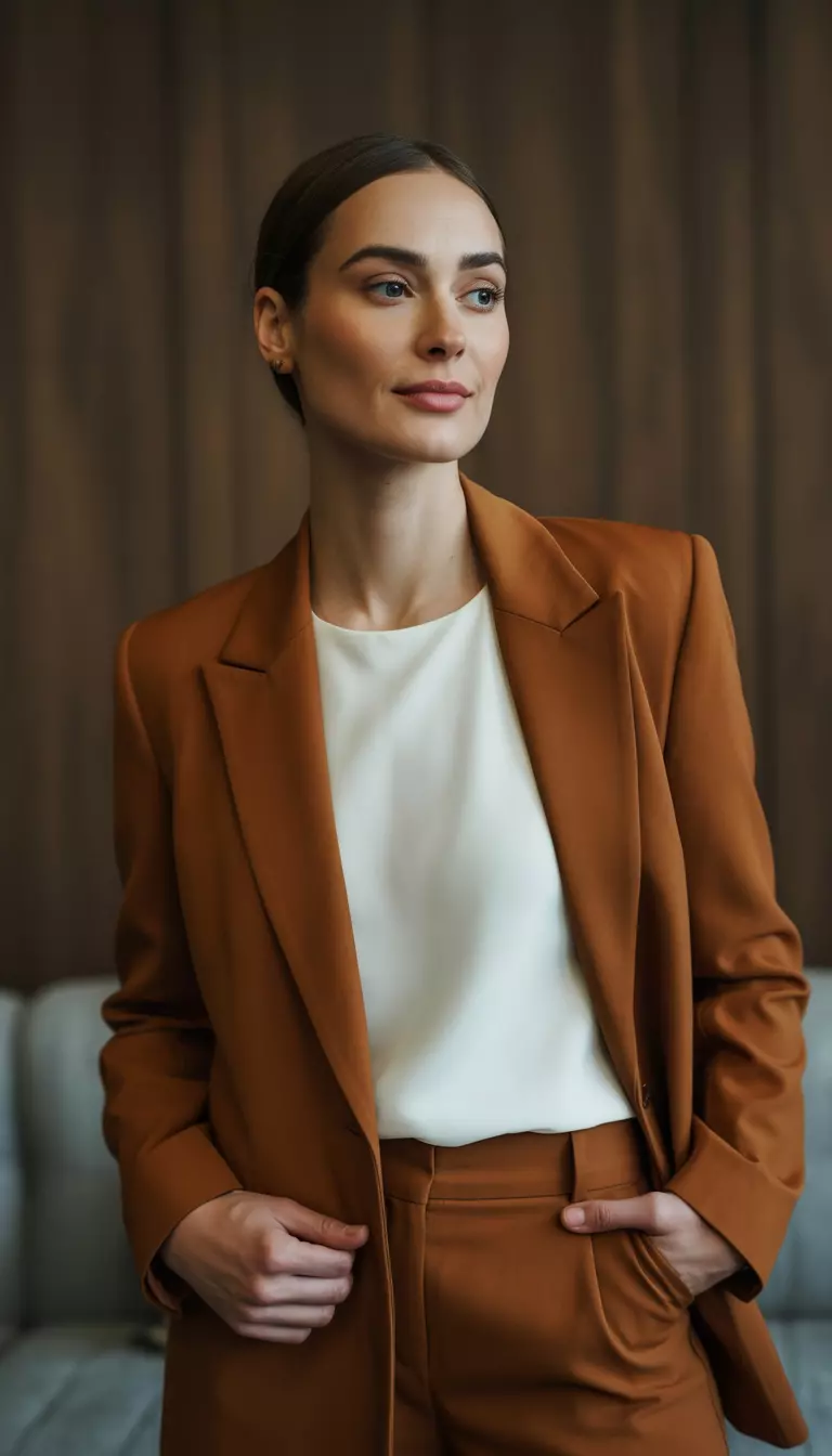 A beautiful woman in a Burnt Sienna tailored blazer, matching pants, white top, and earthy brown loafers.