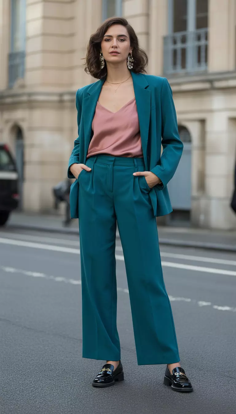 A beautiful woman in a rich teal structured blazer, wide leg trousers, dusty rose pink silk camisole, and black patent loafers with over the top earrings.