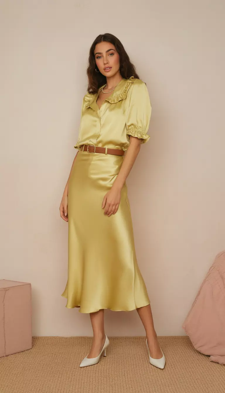 A beautiful woman in an Acacia yellow satin blouse with ruffles, matching midi skirt, Coffee Bean brown leather belt, and white onyx low heels.