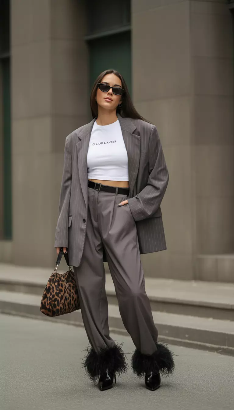 A beautiful woman in a Cloud Dancer white tee, baggy gray trousers, an oversized blazer, with an animal print bag, feather trimmed boots, and bold sunglasses.