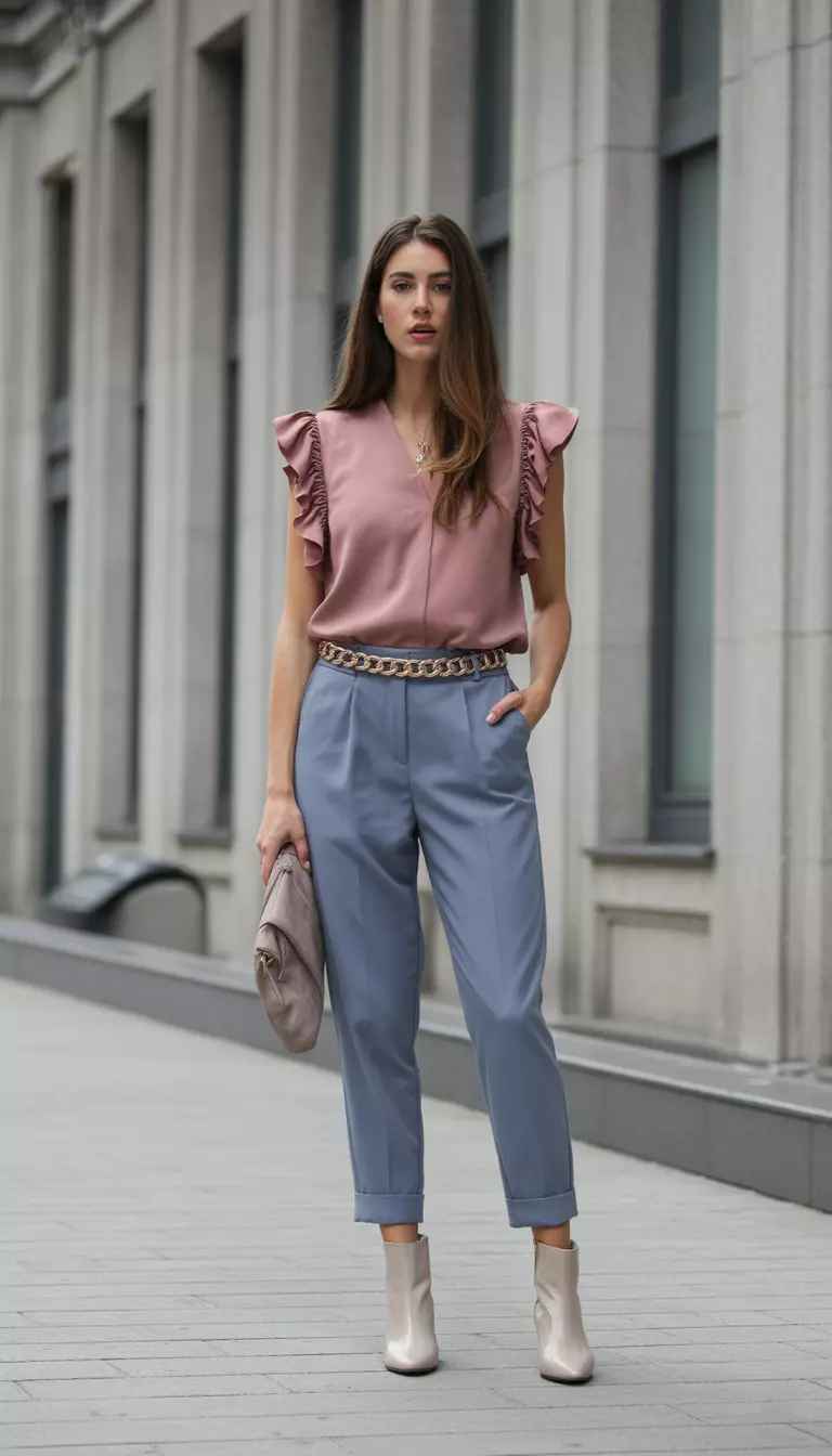 A beautiful woman in a Dusty Rose ruffle sleeve blouse, Marina blue tailored trousers, gold chain belt, and beige ankle boots.