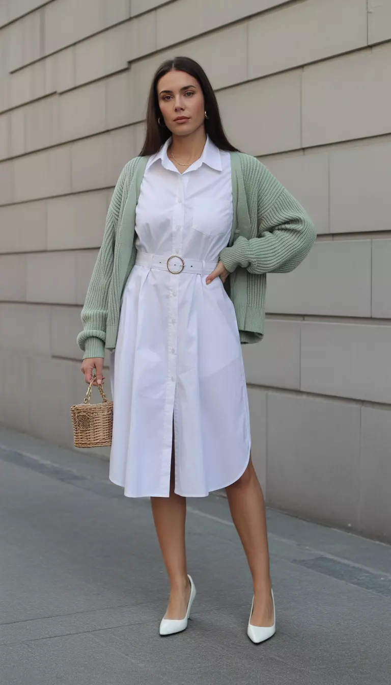 A beautiful woman in a White Onyx shirt dress belted at the waist, a Sage Green cardigan on her shoulders, and white heels.