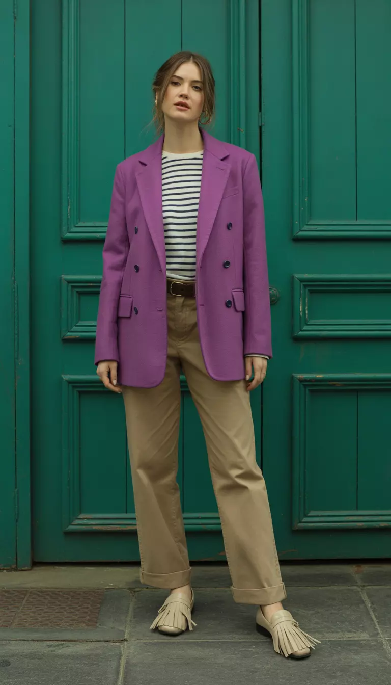 A beautiful woman in a vibrant violet wool blazer, striped white and navy shirt, khaki chinos, and loafers with fringe details.
