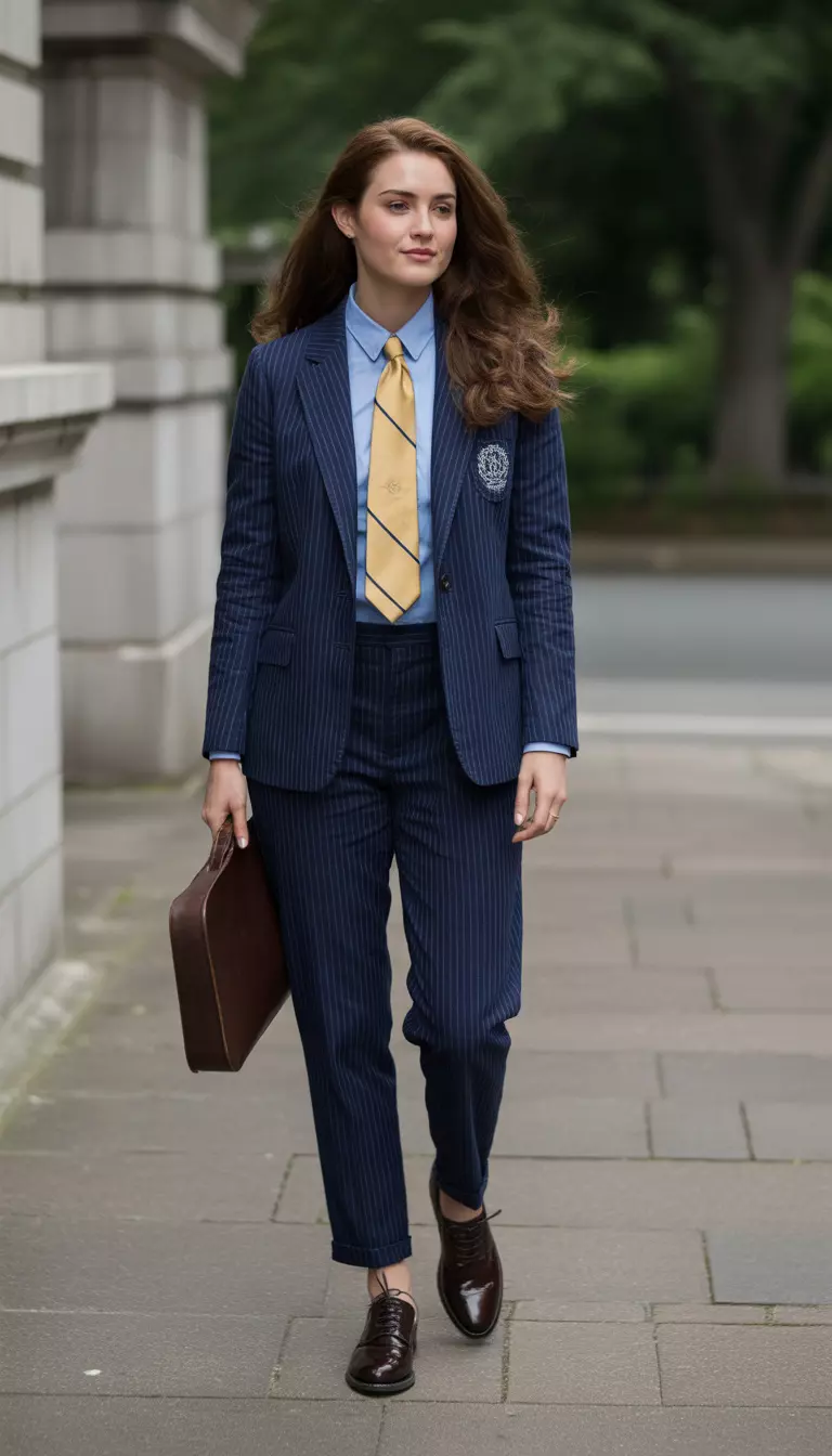 A beautiful woman in a preppy striped navy and white blazer, matching pants, a Canary Yellow tie, and dark brown oxfords.