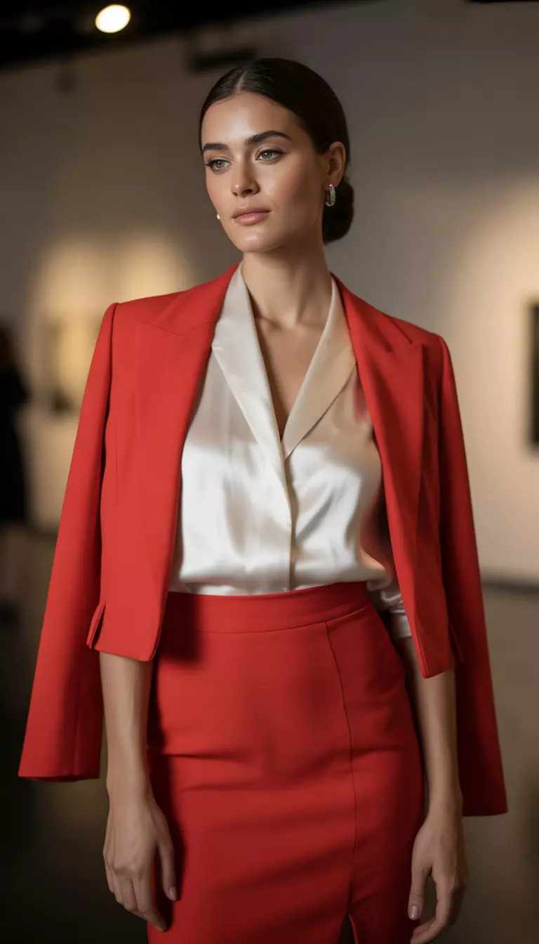 A beautiful woman in a Lava Falls red pencil skirt, matching cropped jacket, white silk blouse, and black pumps.