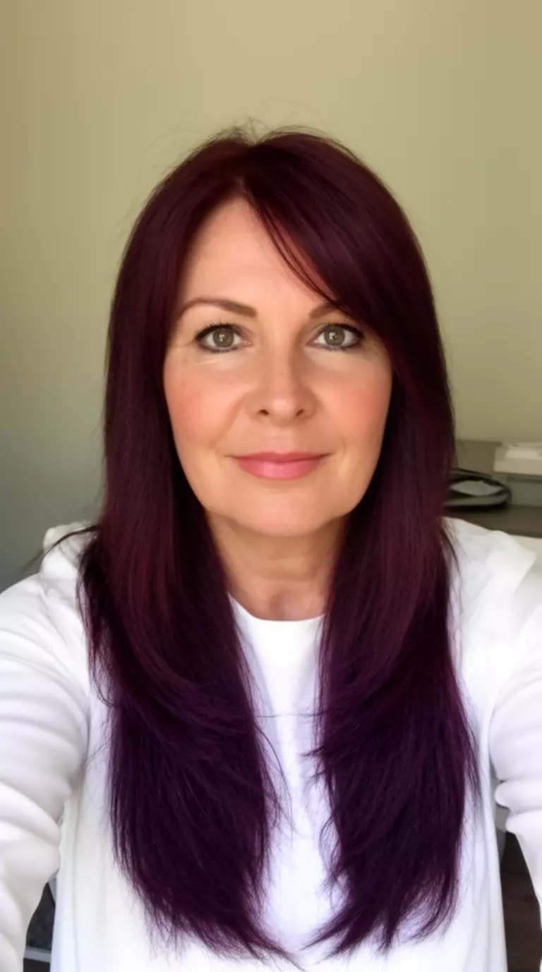 selfie of a 40-year-old woman wearing a white top with a plum colored dark long layered hairstyle, front view, minimal background