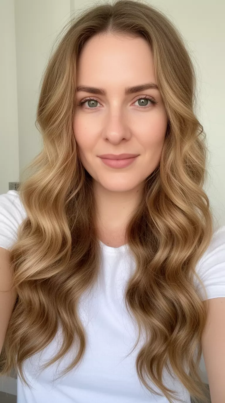 selfie of a 34-year-old woman wearing a white top with a light brown colored very long wavy hairstyle, front view, minimal background