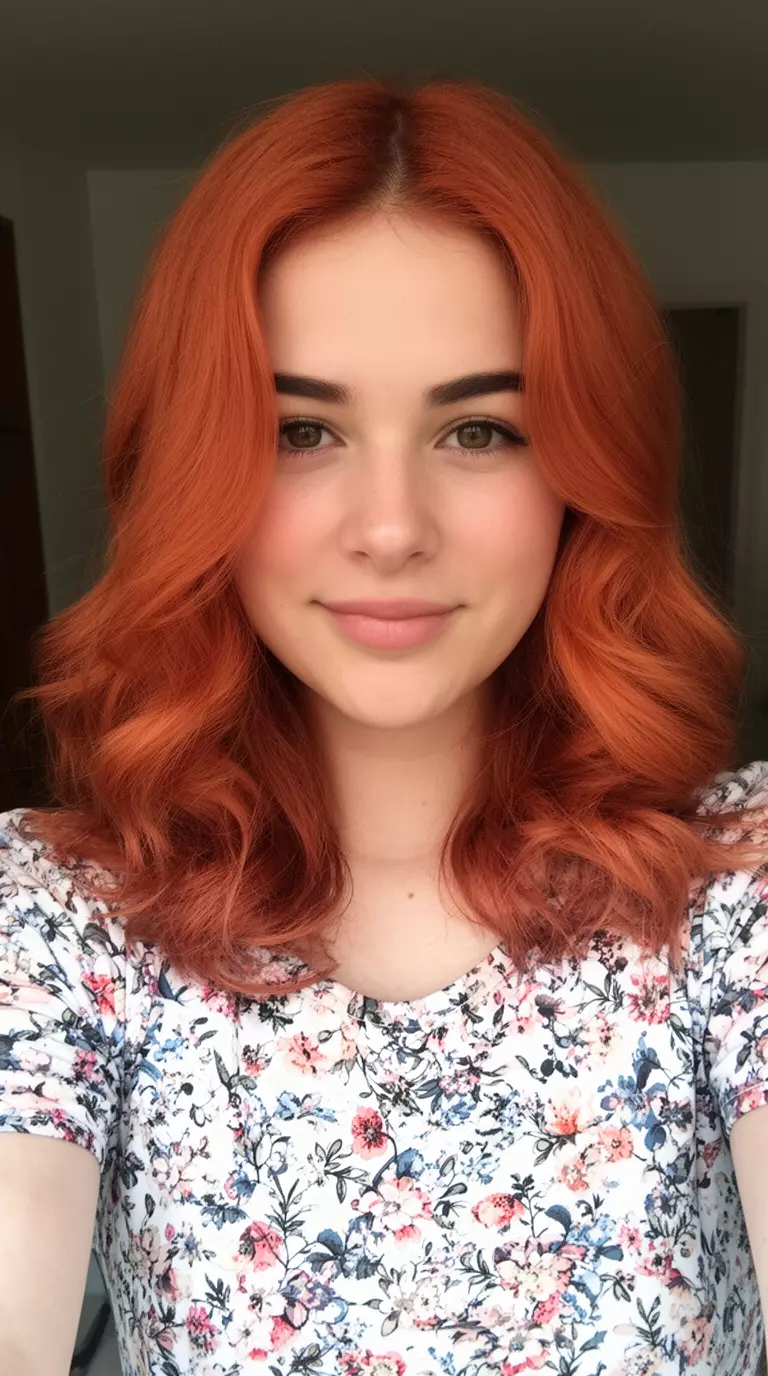 selfie of a 24-year-old woman wearing a floral print top with a reddish-copper colored medium-length wavy hairstyle, front view, minimal background