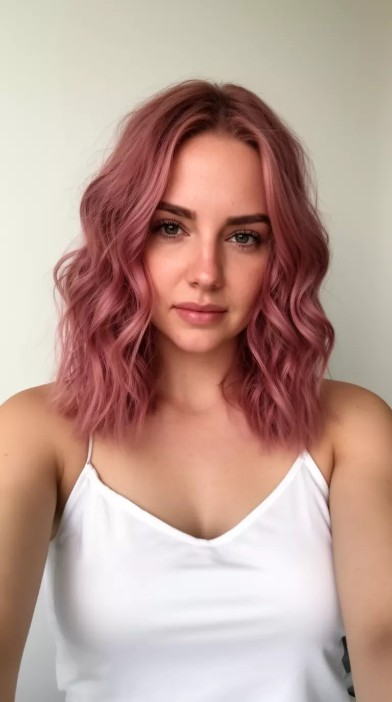 selfie of a 33-year-old woman wearing a white camisole with a dusty rose colored wavy lob hairstyle, front view, minimal background