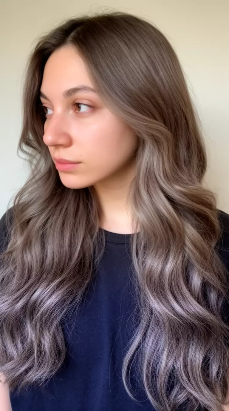 casual close-up photo of a 30-year-old woman wearing a dark top with an ash-brown colored very long wavy hairstyle, profile view, minimal background