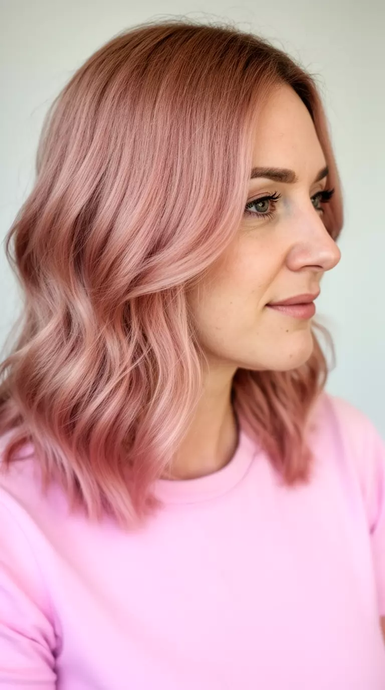 casual close-up photo of a 35-year-old woman wearing a light pink top with a pastel rose-gold colored medium-length wavy hairstyle, profile view, minimal background