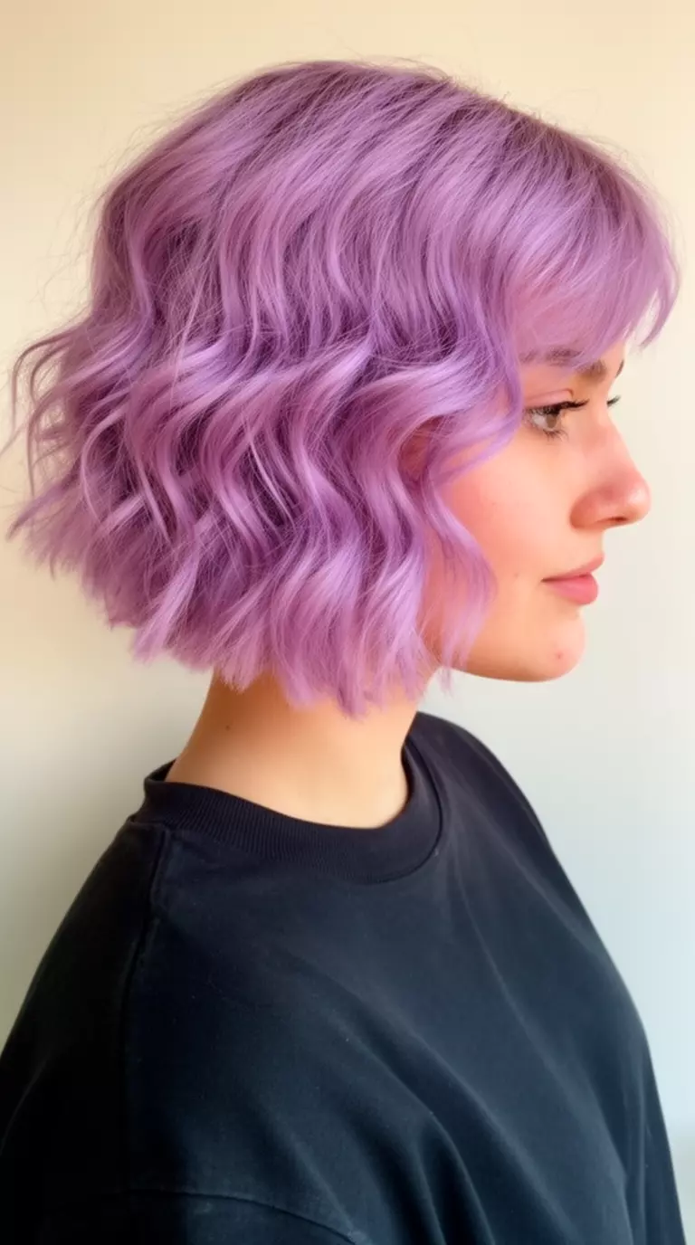 casual close-up photo of a 24-year-old woman wearing a dark top with a lilac colored short wavy bob hairstyle, profile view, minimal background