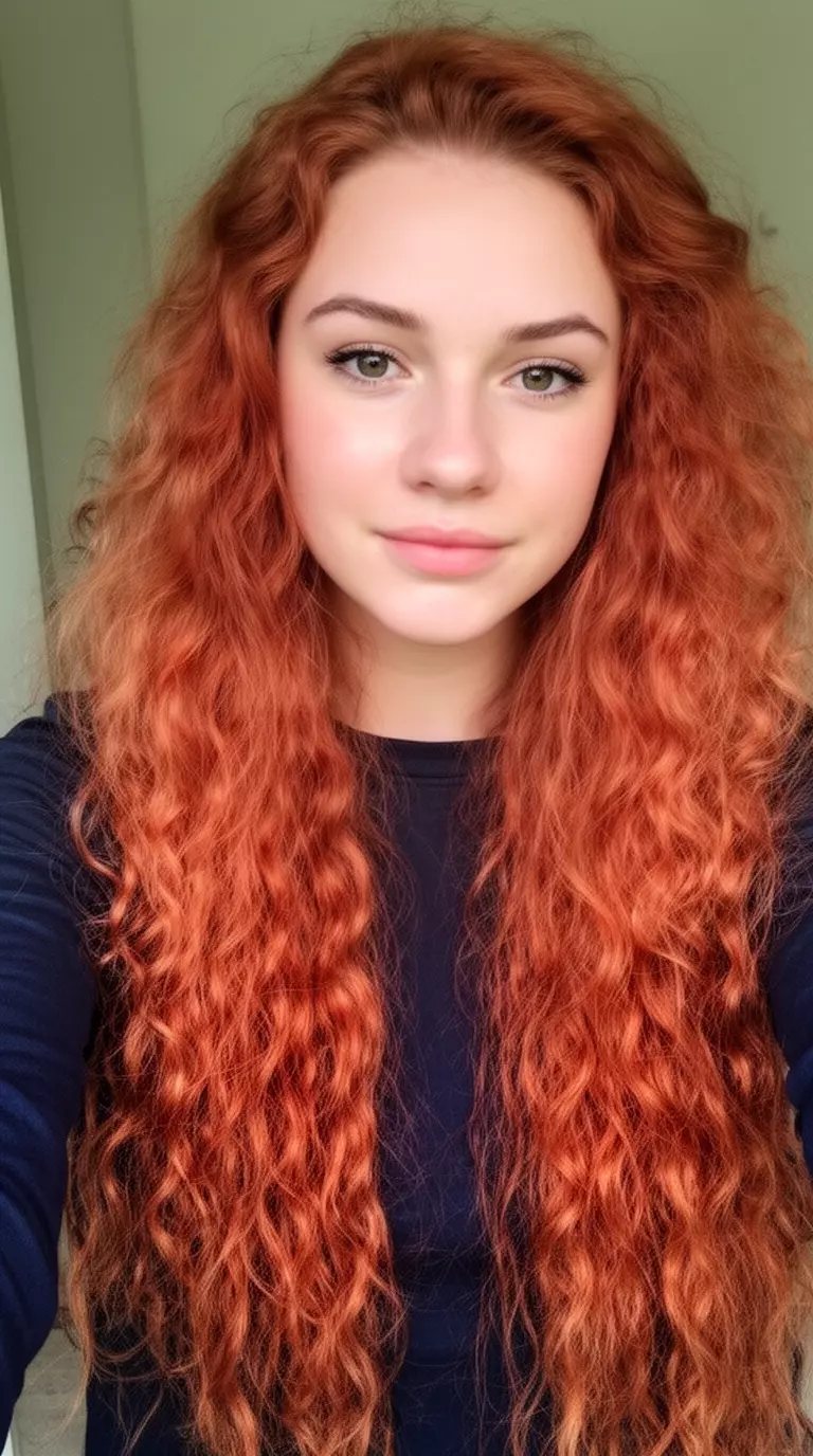 selfie of a 22-year-old woman wearing a dark top with a reddish-copper colored very long voluminous wavy hairstyle, front view, minimal background
