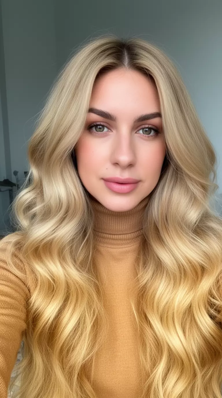 selfie of a 27-year-old woman wearing a tan turtleneck with a golden blonde colored long voluminous wavy hairstyle, front view, minimal background
