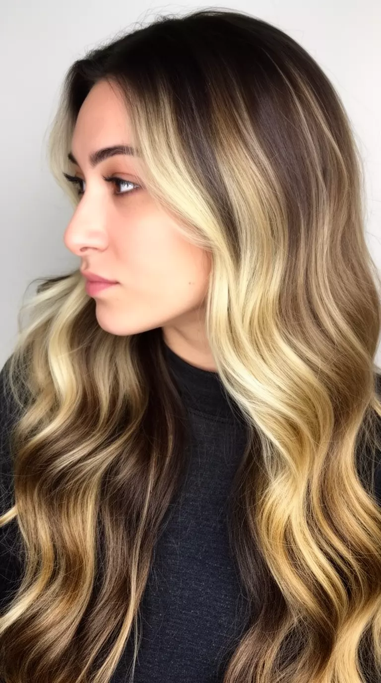 casual close-up photo of a 26-year-old woman wearing a dark top with a dark brown and bright blonde highlighted colored very long wavy hairstyle, profile view, minimal background