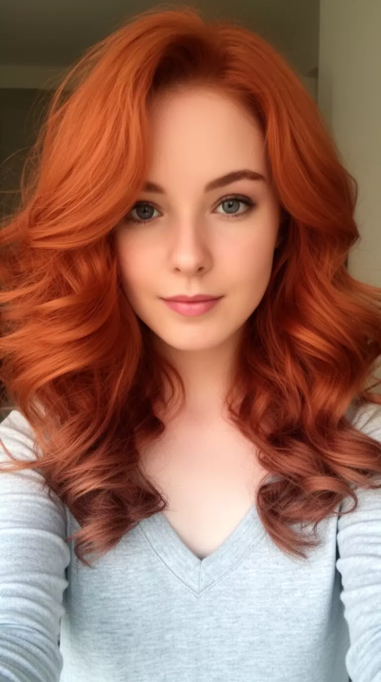 selfie of a 25-year-old woman wearing a light gray V-neck top with a copper-red colored voluminous wavy hairstyle, front view, minimal background