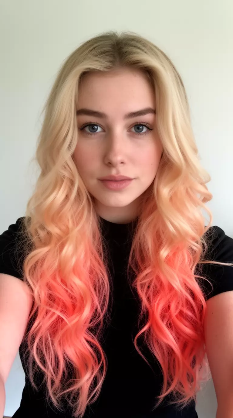 selfie of a 27-year-old woman wearing a black top with a peach, coral, and blonde colored long wavy hairstyle, front view, minimal background
