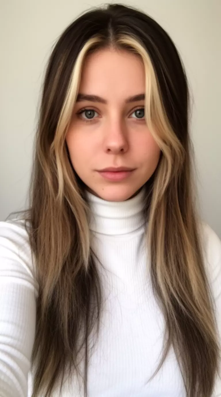 selfie of a 29-year-old woman wearing a white turtleneck top with a dark brown and blonde face-framing highlighted colored long hairstyle, front view, minimal background