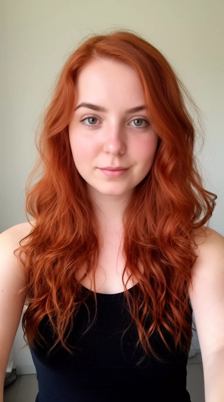 selfie of a 25-year-old woman wearing a black tank top with an auburn colored long wavy hairstyle, front view, minimal background