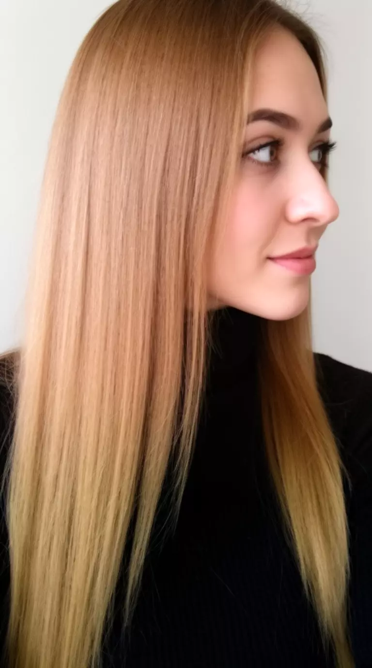 casual close-up photo of a 32-year-old woman wearing a black turtleneck with a light brown colored very long straight hairstyle, profile view, minimal background