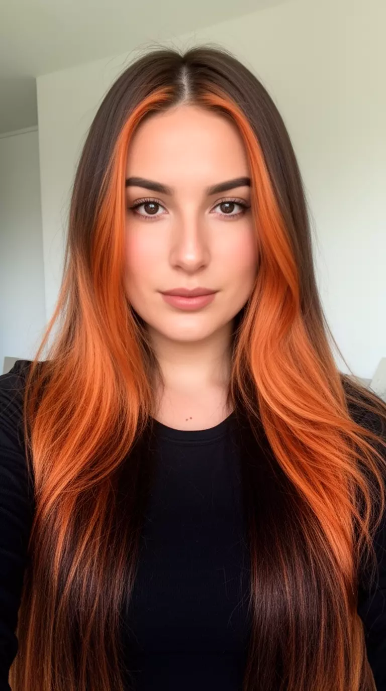 selfie of a 29-year-old woman wearing a black top with a dark brown and bright copper face-framing highlighted colored long hairstyle, front view, minimal background