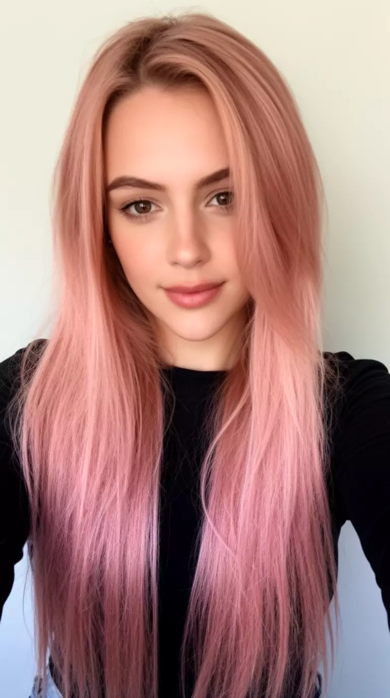 selfie of a 28-year-old woman wearing a black top with a rose-gold colored long flowing hairstyle, front view, minimal background