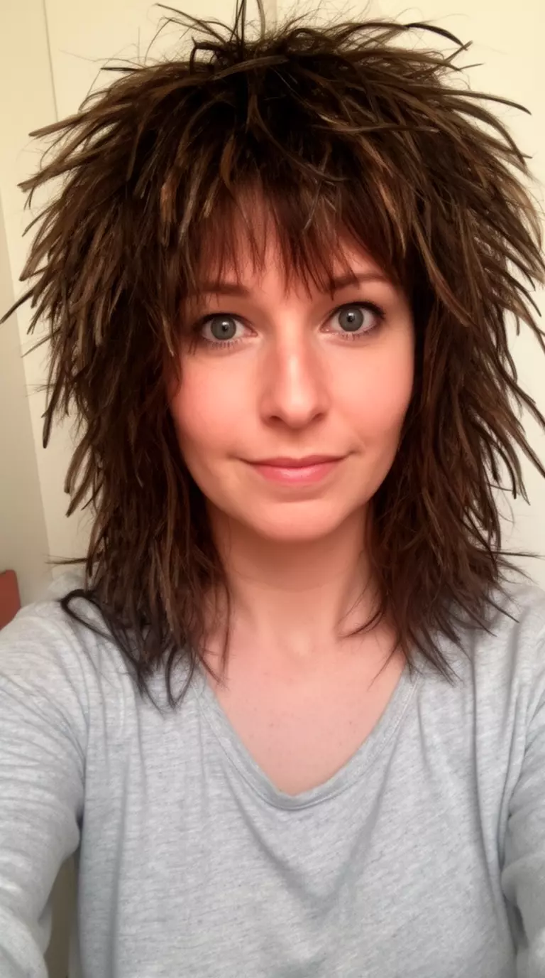 selfie of a 32-year-old woman wearing a casual top with a feathered shag hairstyle