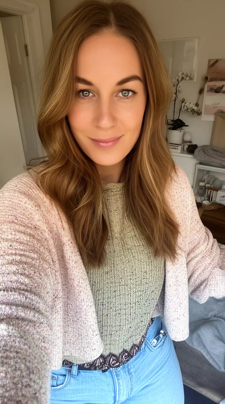 selfie of a 29-year-old woman wearing a casual spring outfit with textured layers