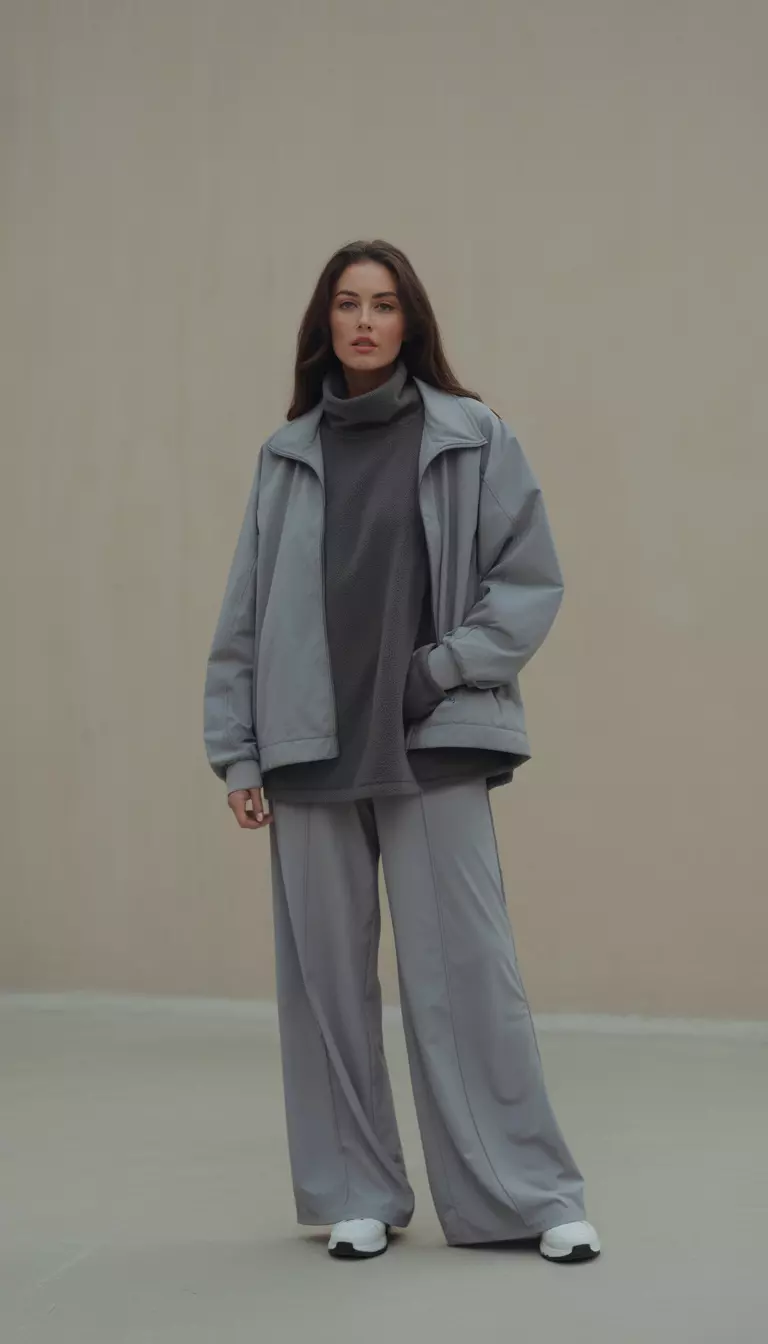 A beautiful woman in summer grey track pants, grey funnel neck jacket, charcoal fleece turtleneck, and grey wide leg overlay, female fashion model full body shot, editorial style photography.