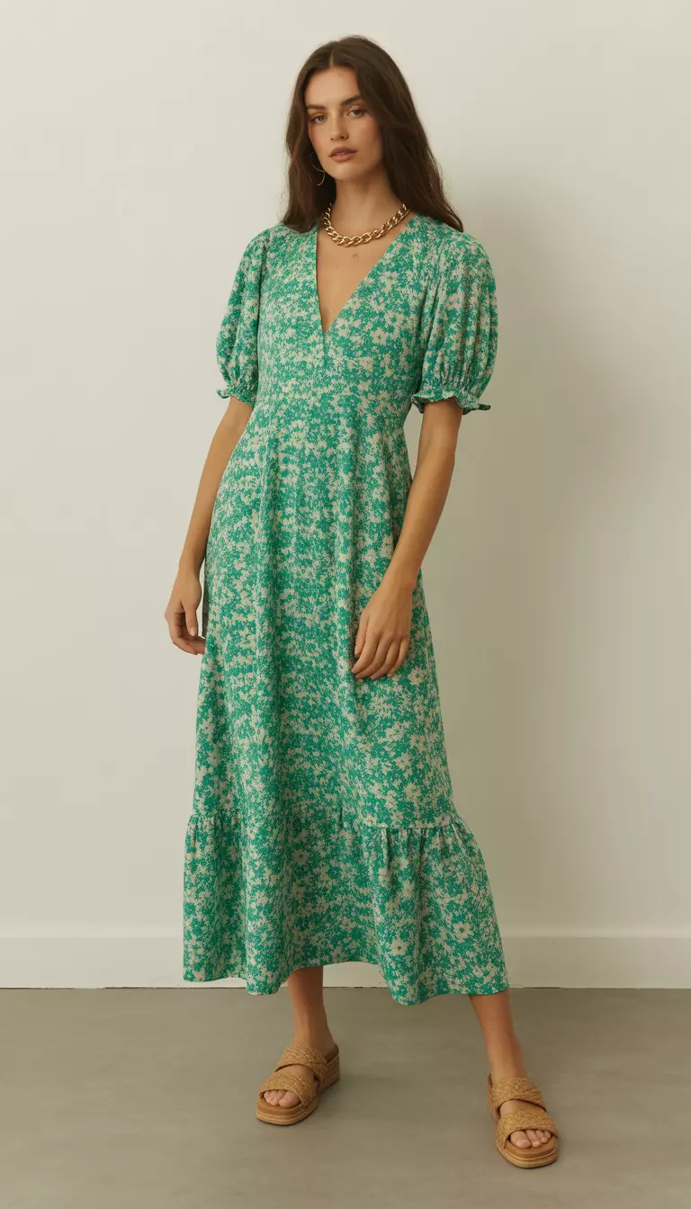 A beautiful woman in an emerald green floral print maxi dress with puffed sleeves, tan woven sandals, and a gold chain necklace, female fashion model full body shot, editorial style photography.